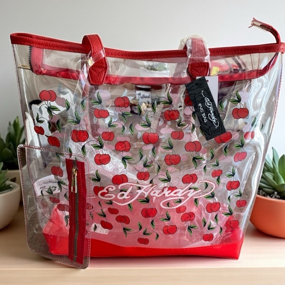 Ed Hardy Transparent Tote with Cherry Design - Red NWT - Picture 2 of 5